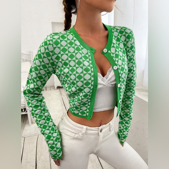 Zara Green Cream Geometric Button Front Cardigan Sweater Cropped Fitted - Picture 12 of 12
